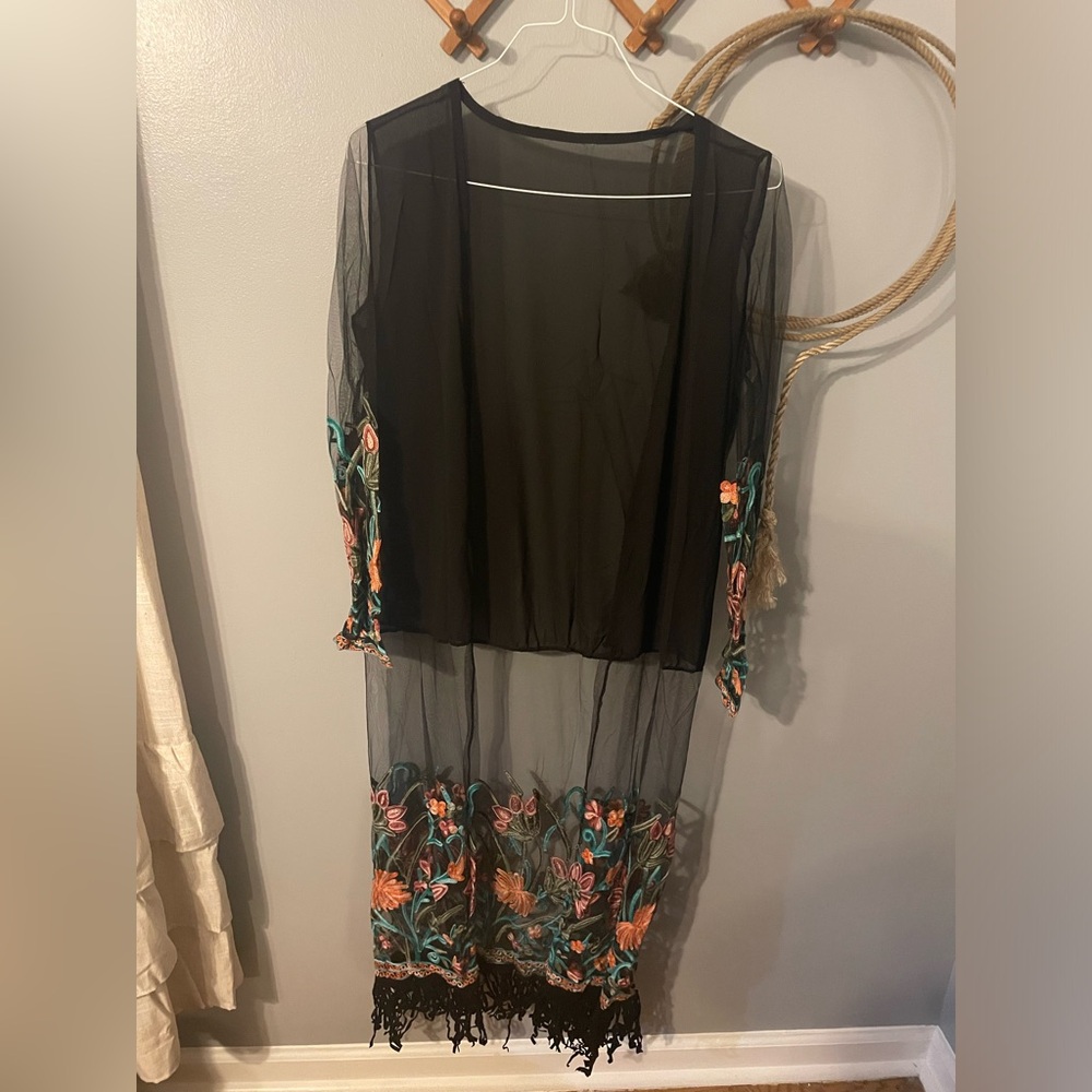 Black Sheer Floral Embroidered duster!